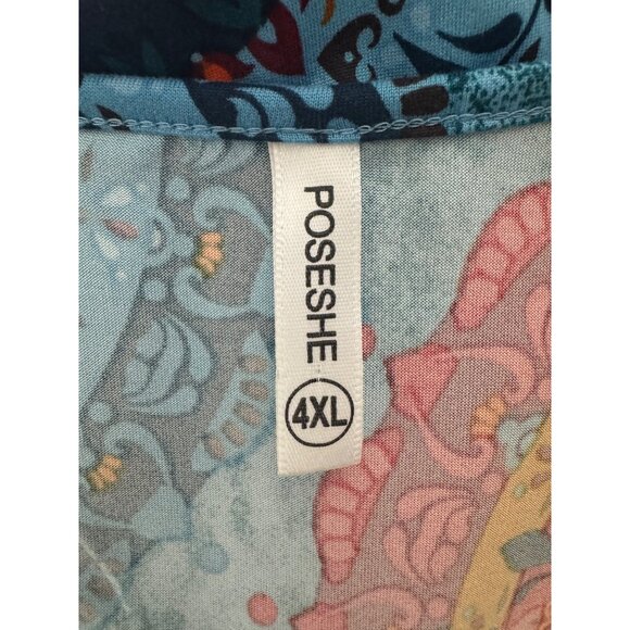 Teal Multi-Color Medallion Print Faux-Wrap Stretch Knit Dress Size 4XL Plus Size - Picture 4 of 7